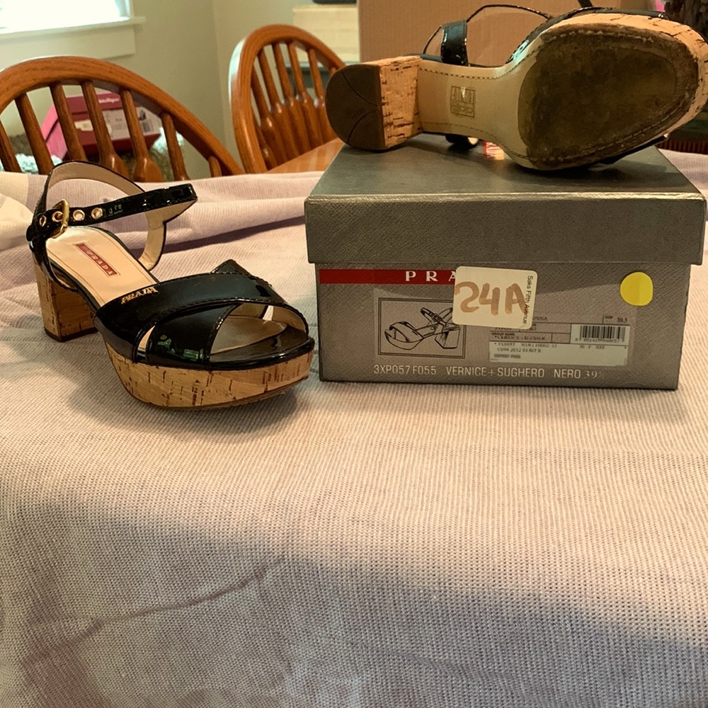 Prada patent leather with cork platform sandals